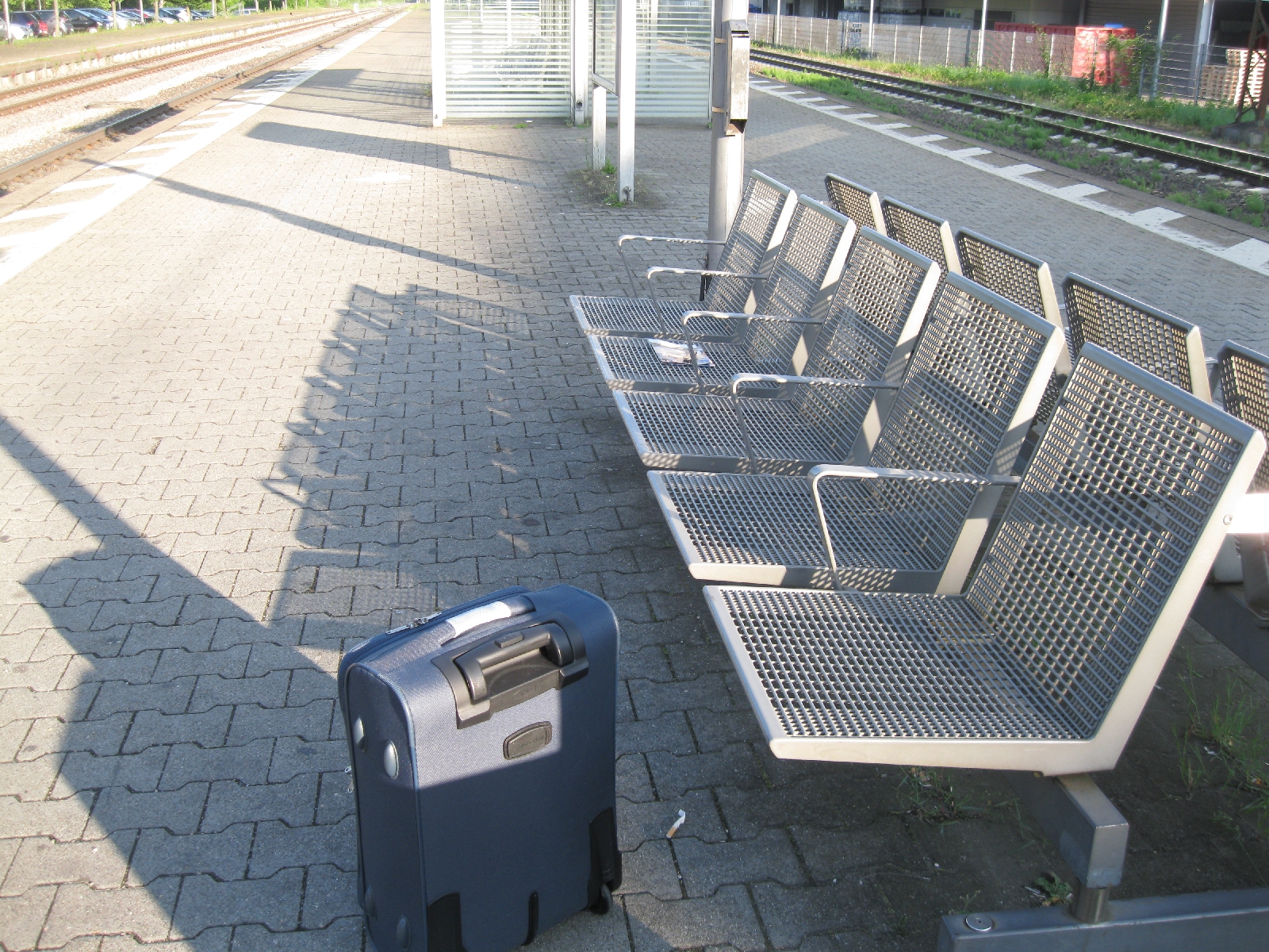 Our suitcase waits in Eislingen for the train to Stuttgart