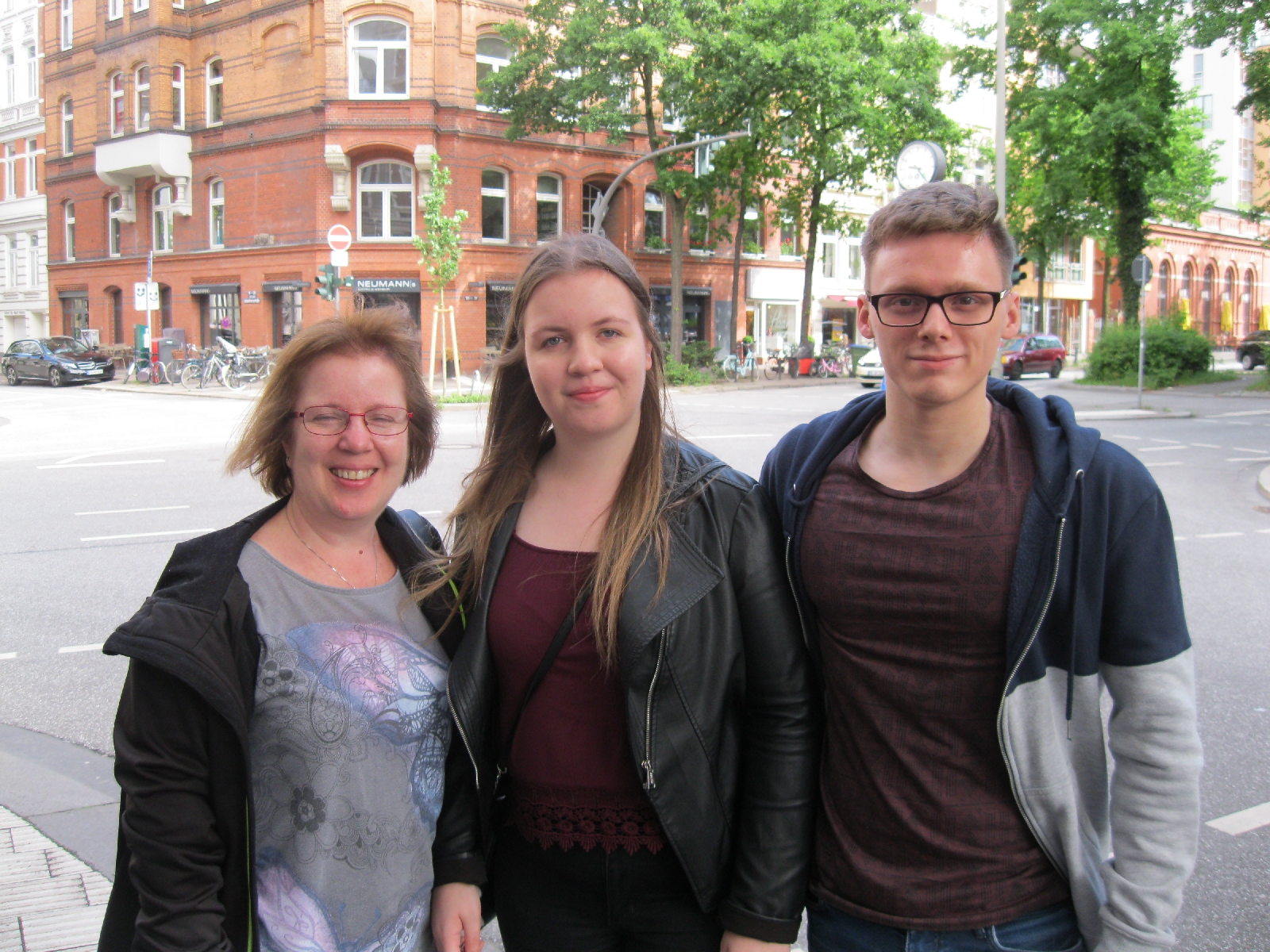 Chris, Mindi, and Fin after breakfast in Hamburg